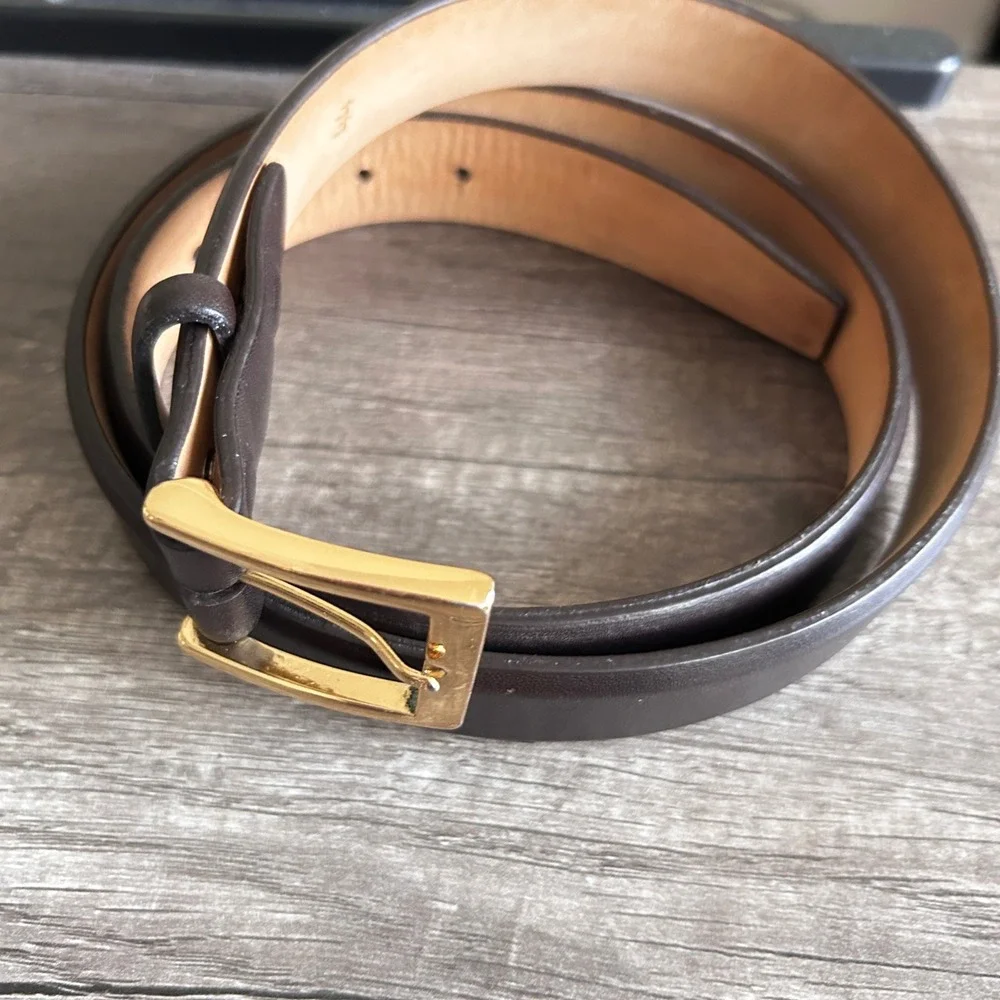 VTG W Kleinberg Leather Belt 44‎ Brown Gold Buckle USA Designer Classic Minimal